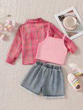 cross-border exclusive lapel plaid shirt camisole + heavy-duty washed beaded jeans three-piece set