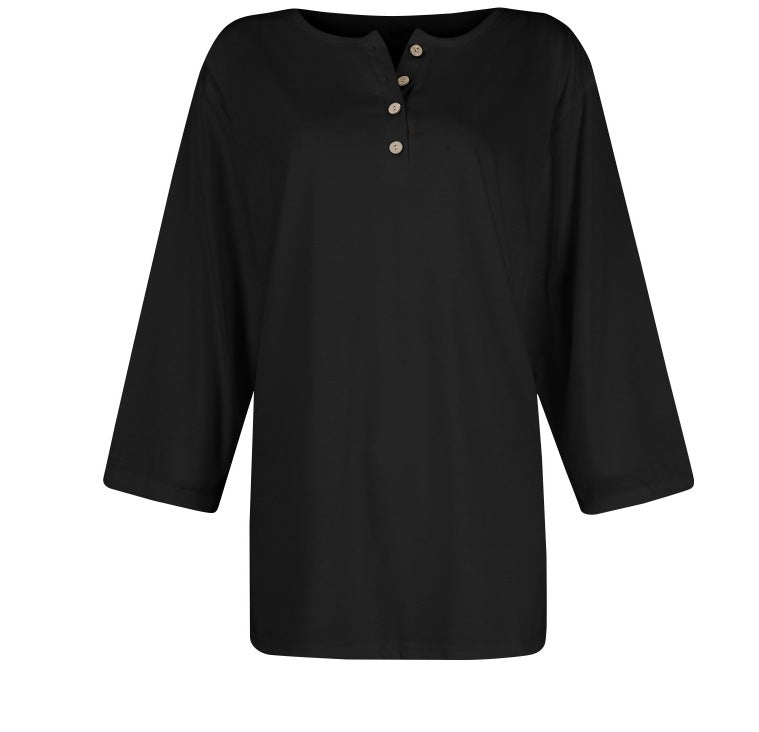 cross-border  women's fashion casual three-quarter sleeve solid color button-down crew neck t-shirt top