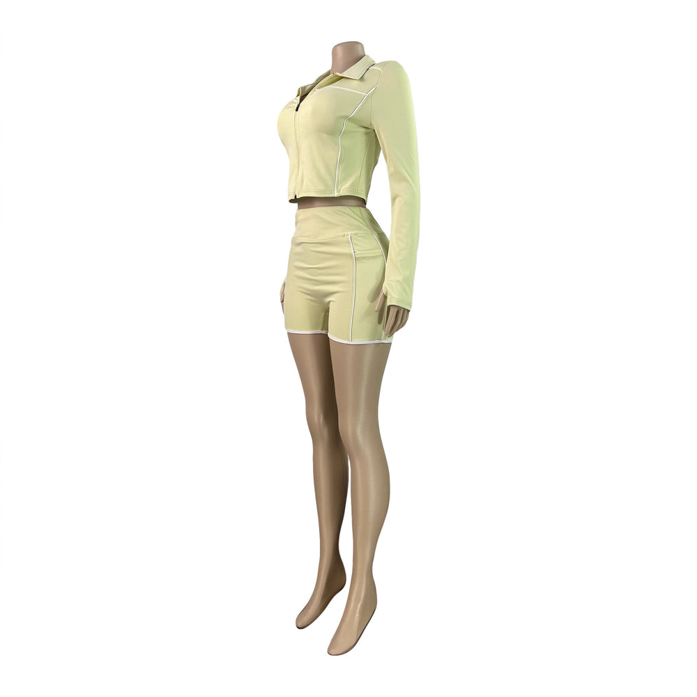 fashionfashion women's silm zipper long sleeves thumb button tops shorts two-piece set sports suit