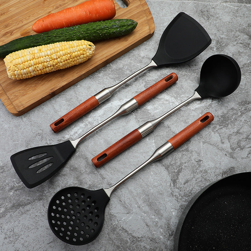 Daoqi 304 stainless steel silicone kitchenware high temperature food grade wooden handle spatula household kitchen fishing spoon