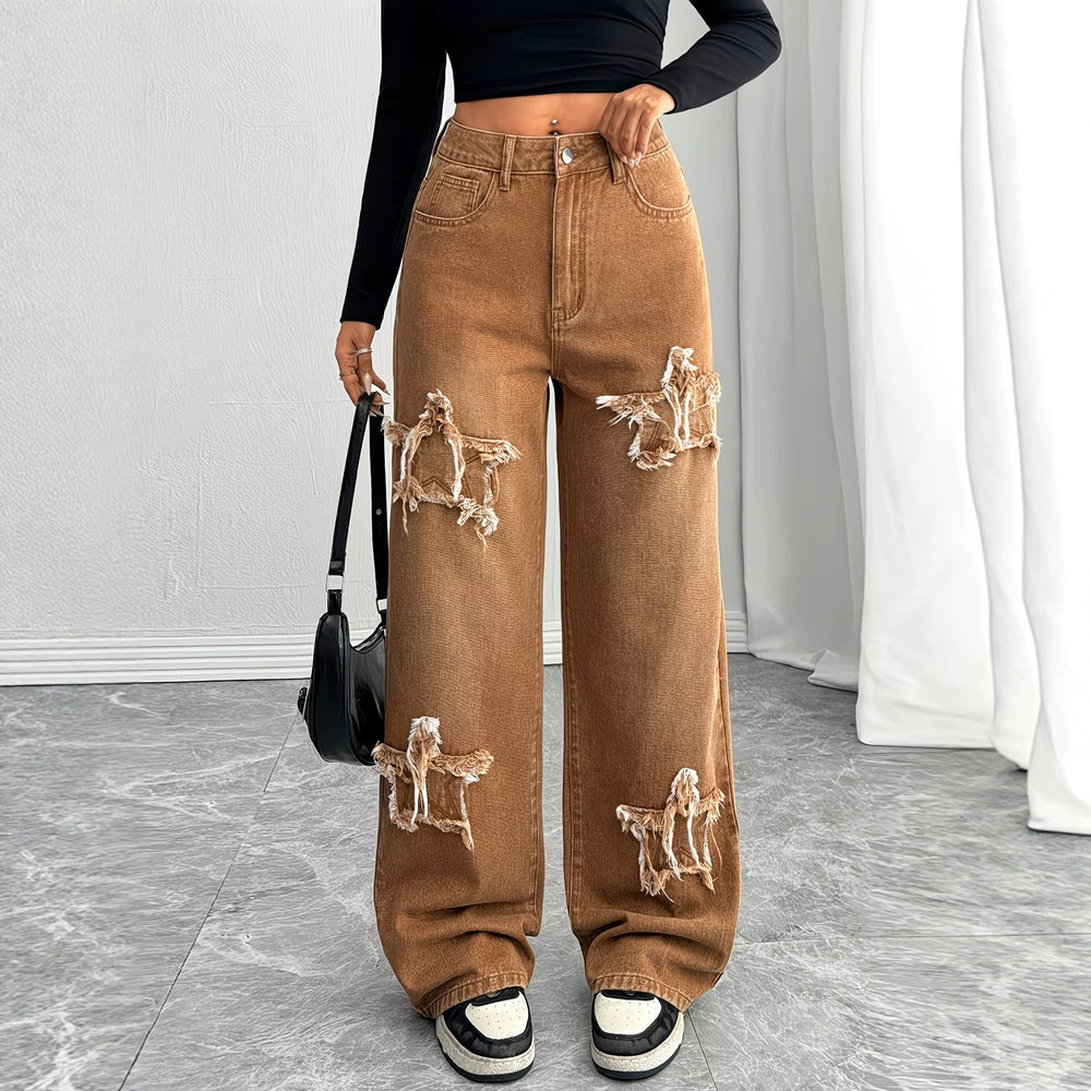 American brown star raw edge patch wide-leg jeans women's high waistloose floor-length straight-leg pants cross-border hot sale