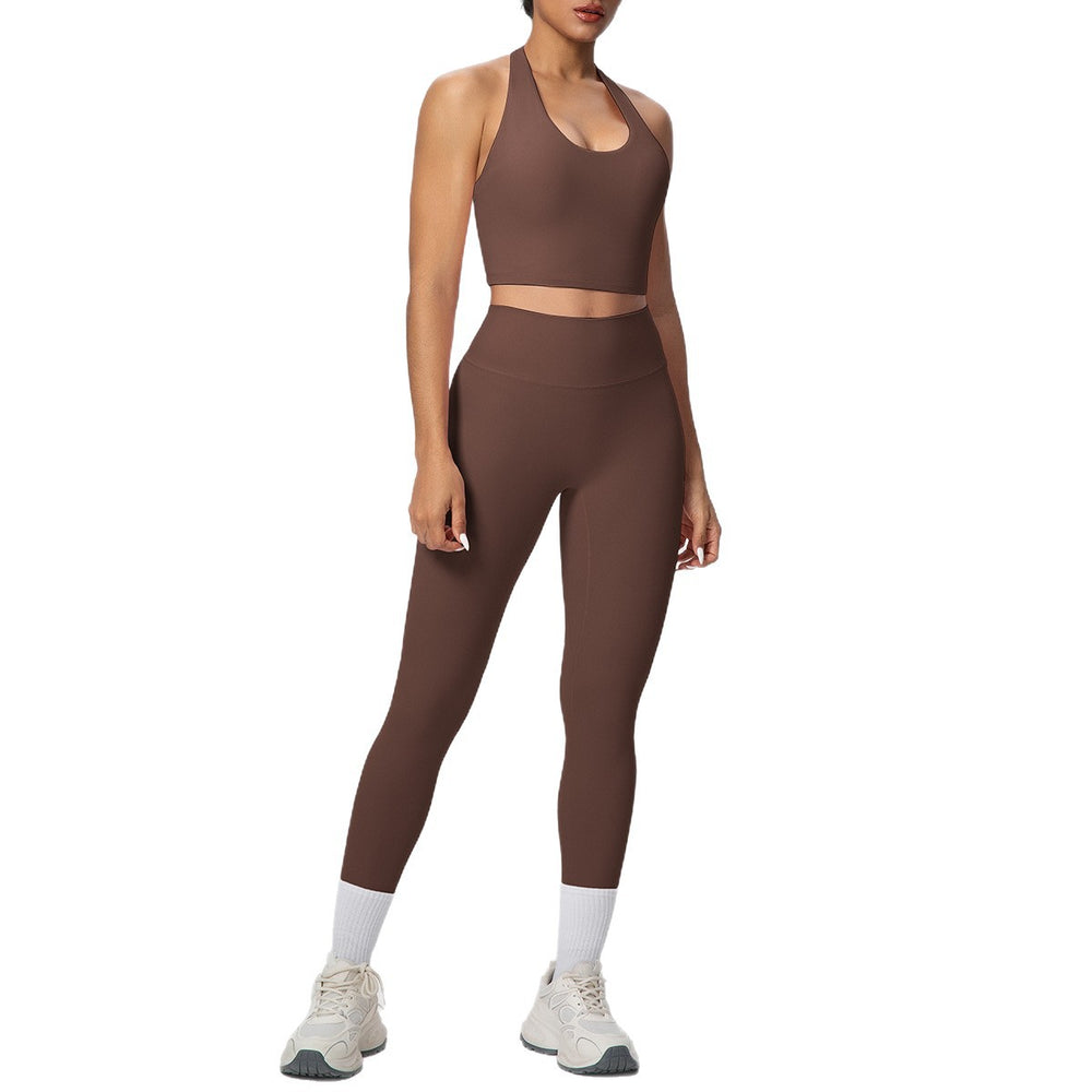 New arrival cross-border pure color double-sided brushed halter nine-point pants yoga suit sports running fitness two-piece set for women