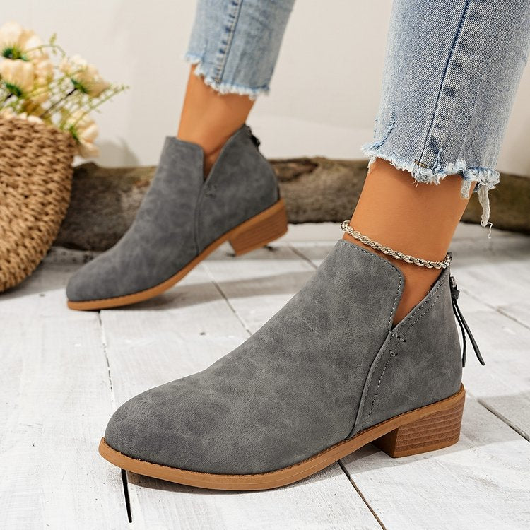 Fashionexportplus size leather boots women's boots pure colorslimming look pointed toe back zipper casualthick sole thick heel boots women's single