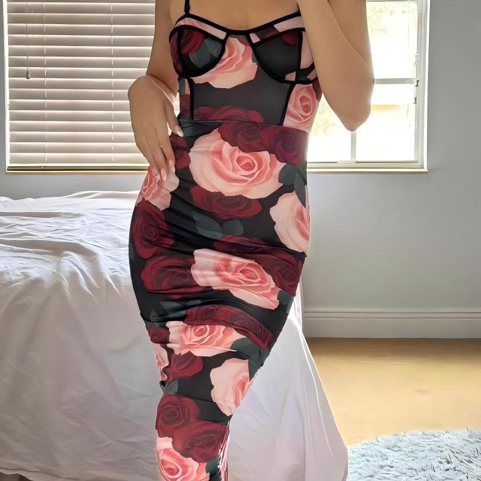 Sexy tube top off shoulder dress pure desire wind suspender floral hip skirt rose print slim waist skirt wholesale