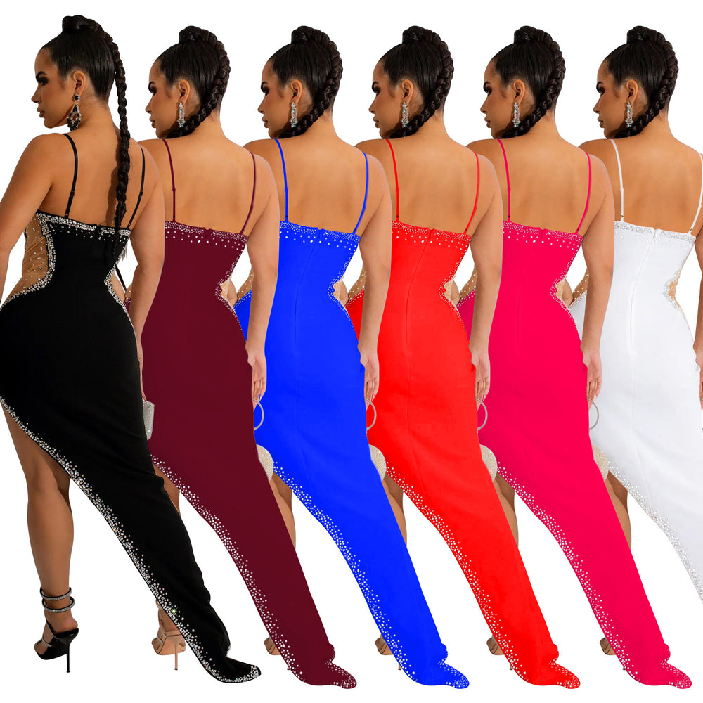 C6039   fashion women's solid color rhinestone hotfix long dress v-neck sleeveless spaghetti strap dress