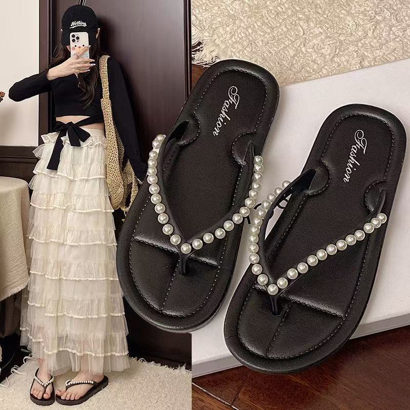 Women's flip-flops summer 2025 new pearl flat sandals outdoor soft sole fashion beach shoes wholesale