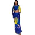 European and american style printed bodycon dress set with flared sleeves, ruched crop top, and high-waisted bodycon skirt - fashionable two-piece outfit