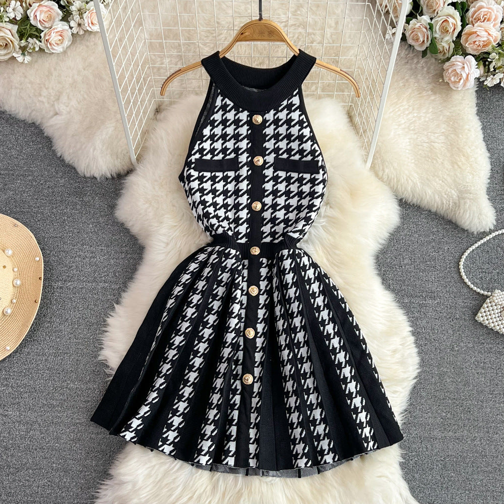 summer american retro halter neck off-shoulder slimming a-line knit mini dress for petite figures