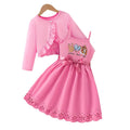Autumn kids' cute dress set: suspender dress with ruffle trim, knitted open collar, cat pattern, girls' two-piece outfit