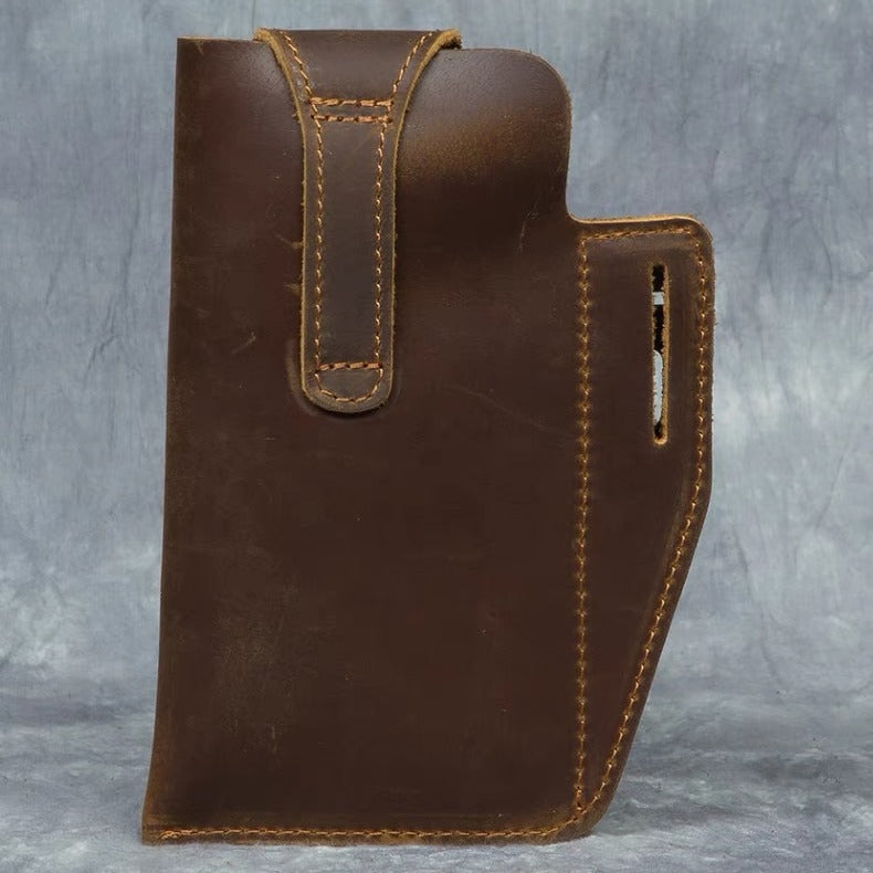 Vertical mobile phone waist bag men's men's belt crazy horse cowhide genuine leather retro leather case waist portable mobile phone bag
