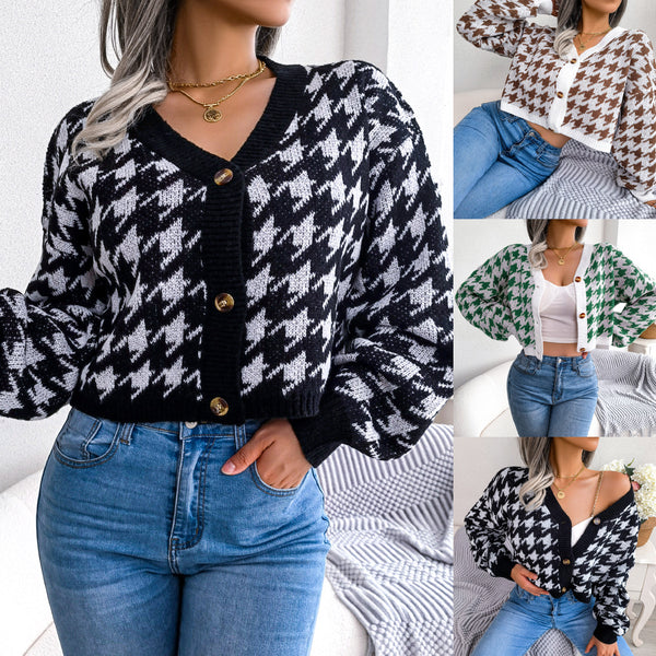 ins real shot 2023 autumn and winter casual lanterns long-sleeved thousand bird grid cardigan sweater jacket, independent station  women's clothing