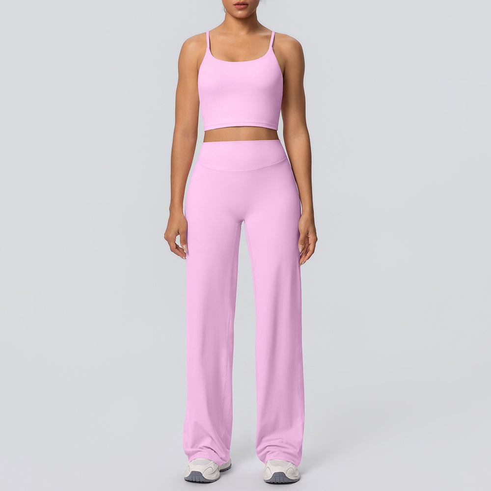 Sexy strappy back sports bra set with high-waisted wide-leg straight-leg yoga pants - perfect for outdoor leisure, running, and fitness