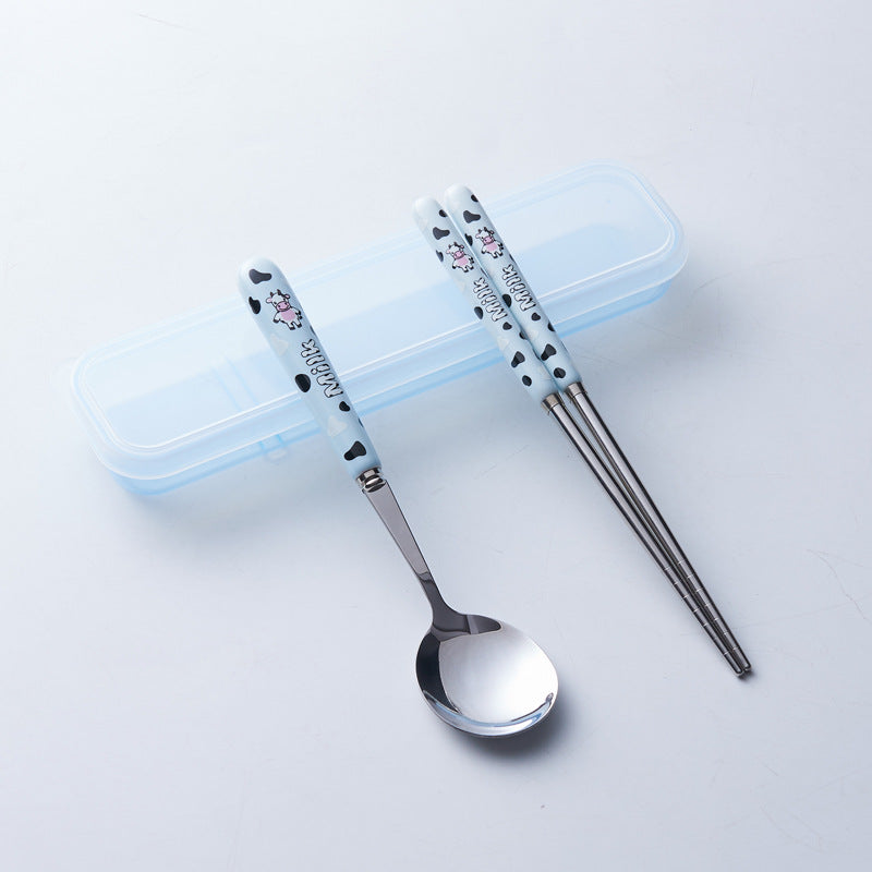 Portable storage cutlery set - cute cow design stainless steel children's dinnerware set: fork, spoon, and chopsticks