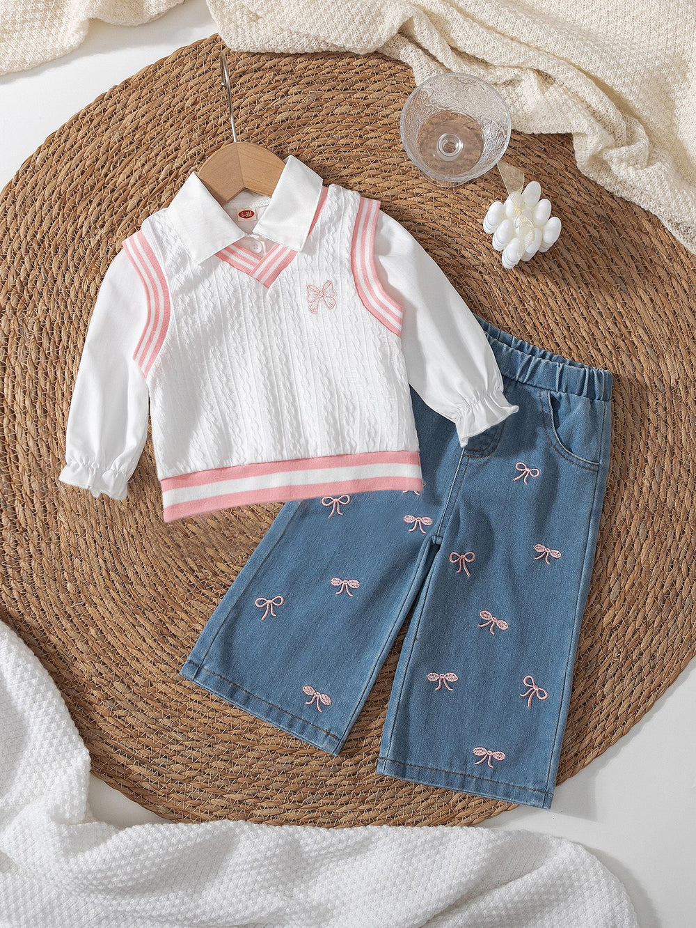 new autumn cross-border collegiate style girls' three-piece set: turn-down collar blouse + knitted vest + embroidered denim jeans