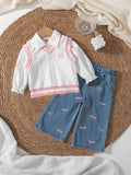 new autumn cross-border collegiate style girls' three-piece set: turn-down collar blouse + knitted vest + embroidered denim jeans