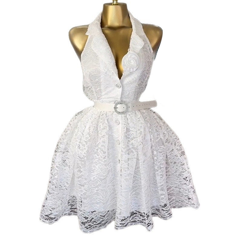 European and american cross-border women's fashion:  autumn new arrival - elegant, designer, 3d floral, cinched waist, lace sleeveless dress
