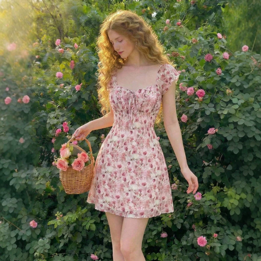 Women's new summer french romantic elegant floral print cinched waist a-line mini dress - perfect for dates