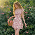 Women's new summer french romantic elegant floral print cinched waist a-line mini dress - perfect for dates