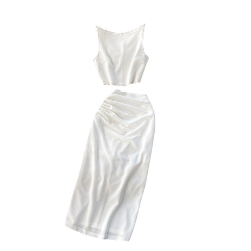 High and cold royal sister popularsuitpure color round neck vestshorttopshigh waist hip-covering mid-length skirt two-piece set for women