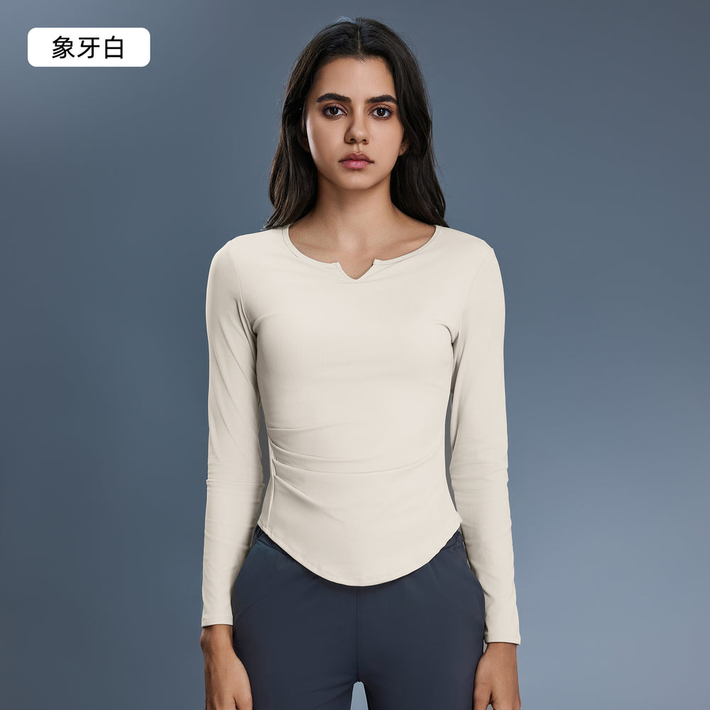 Women's v-neck stretch slim-fit yoga top for autumn - includes bra pads, long sleeve fitness t-shirt d25175
