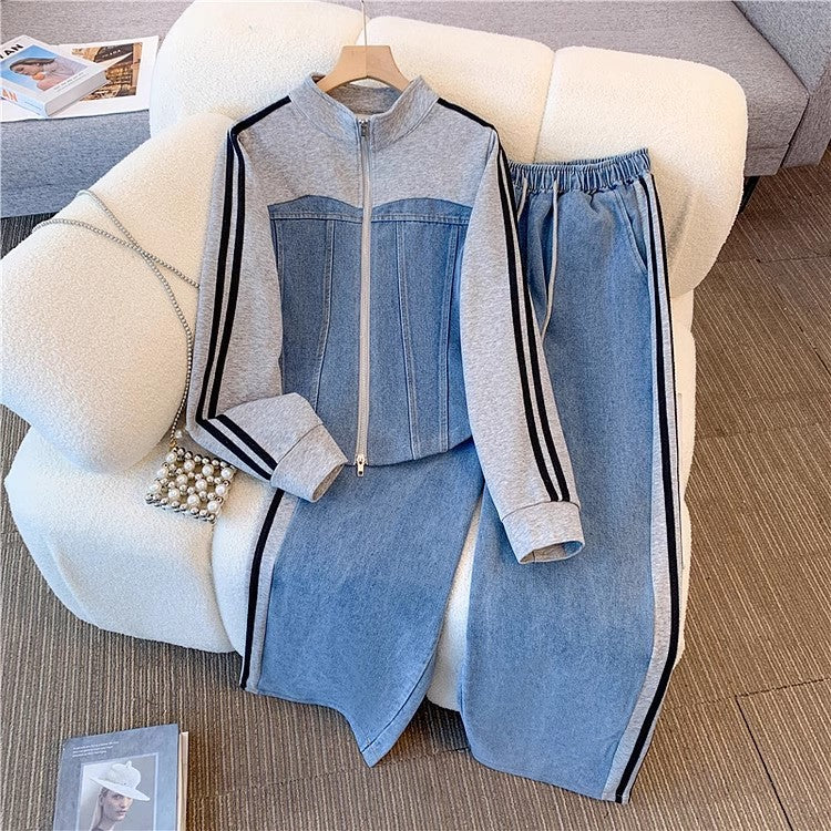 Fashionable zipper denim two-piece set - spring/autumn 2025 new collection: denim patchwork long-sleeve top & wide-leg pants