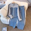 Fashionable zipper denim two-piece set - spring/autumn 2025 new collection: denim patchwork long-sleeve top & wide-leg pants