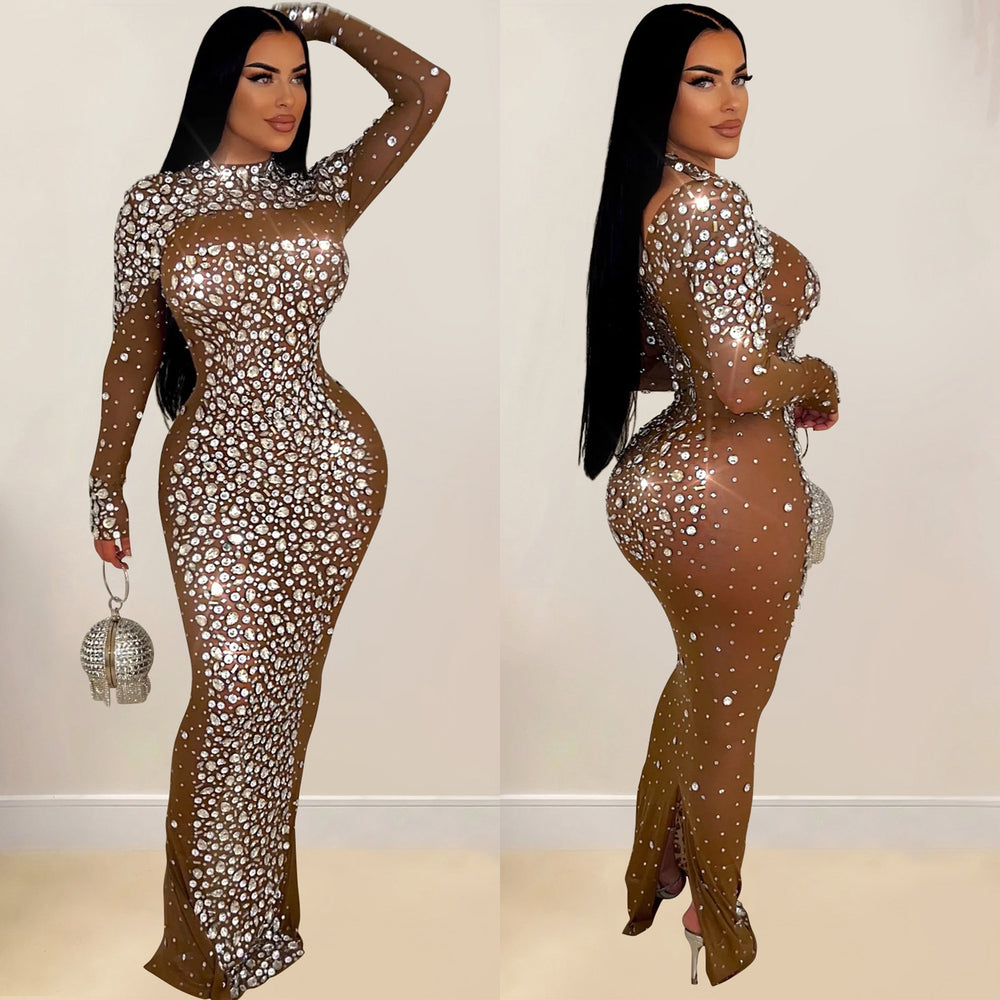 C6890 cross-border   fashion women's solid color mesh rhinestone long sleeve maxi dress