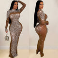 C6890 cross-border   fashion women's solid color mesh rhinestone long sleeve maxi dress