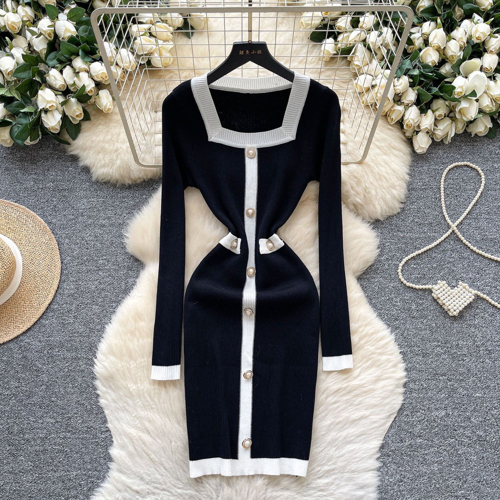 Frenchclassy small fragrant fashionablecontrast color square collar pearl button silmdress women's waist bag hip knitting skirt