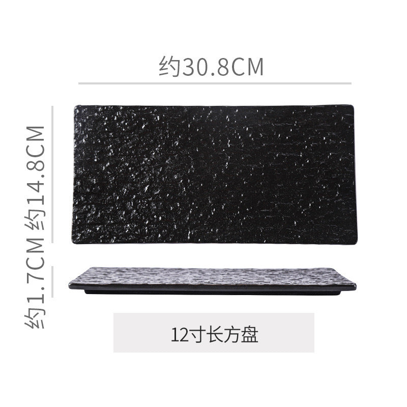 Vintage rock texture ceramic dinnerware set - soup plates, fish plates, steak plates, and vegetable plates - matte finish, high-end black and white dinnerware set