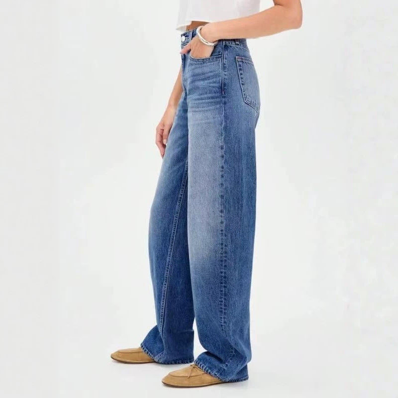 Vintage deep blue high-waisted wide-leg jeans for women - relaxed fit, drapey, slimming straight-leg trousers - casual and versatile denim pants