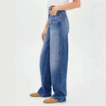 Vintage deep blue high-waisted wide-leg jeans for women - relaxed fit, drapey, slimming straight-leg trousers - casual and versatile denim pants