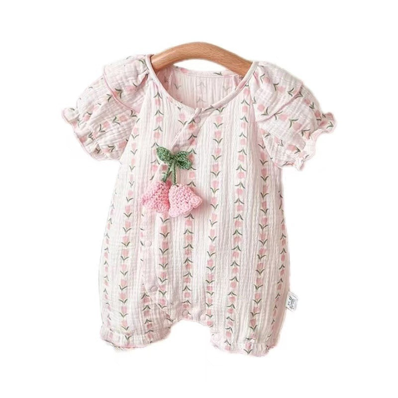 Newborn baby summer outfit set: lightweight summer clothes for baby girls, princess short-sleeve gauze romper, pure cotton summer wear