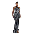 C6679 cross-border   fashion women's solid color hotfix rhinestone slit backless maxi dress
