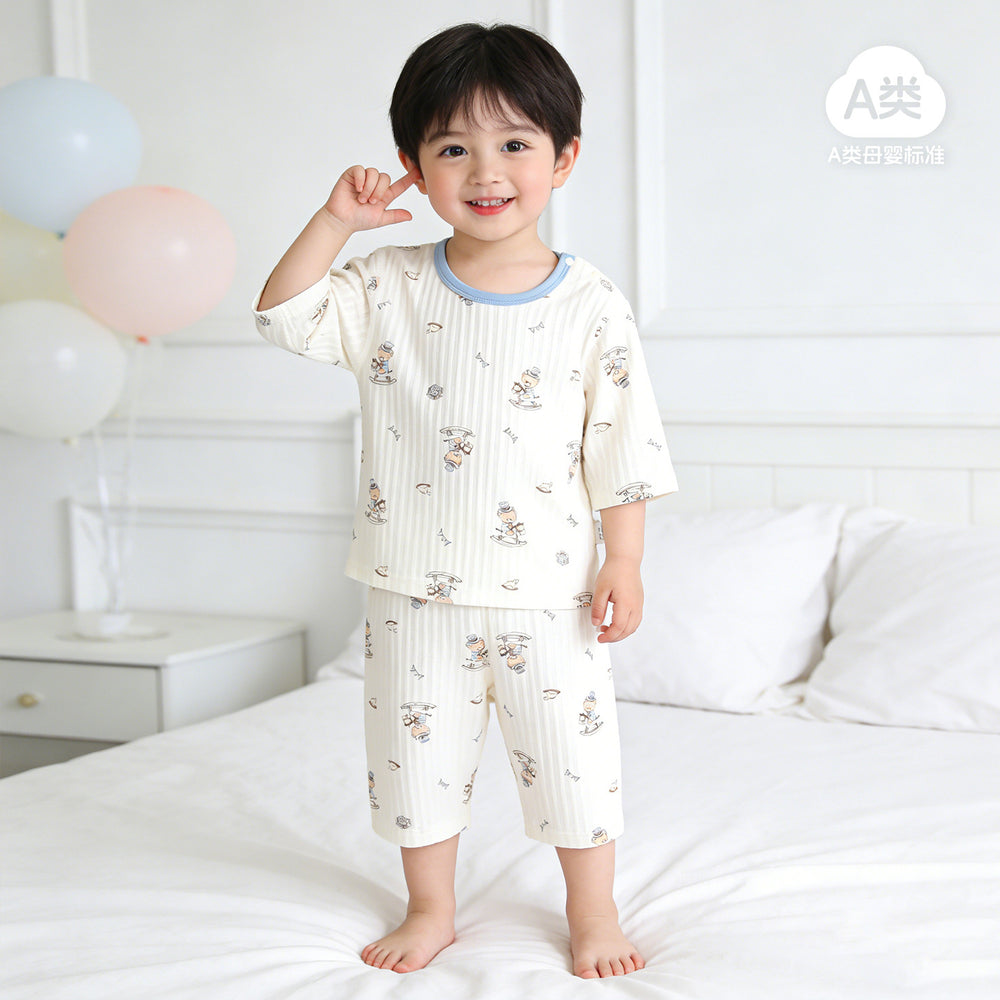 A-grade pure cotton summer lightweight pajamas, kids' loungewear, summer boys' and girls' three-quarter sleeve air conditioning suit, two-piece set