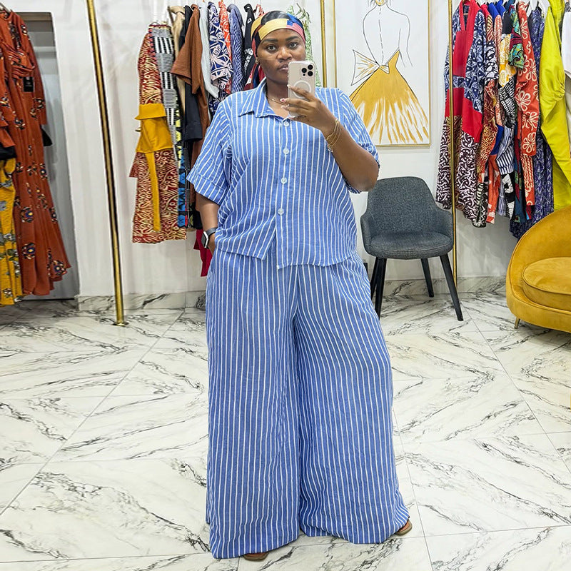 European and american style women's  autumn new striped turn-down collar short-sleeve shirt and high-waisted wide-leg pants fashion casual set