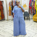 European and american style women's  autumn new striped turn-down collar short-sleeve shirt and high-waisted wide-leg pants fashion casual set