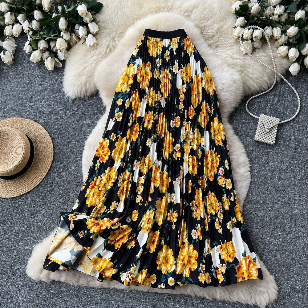 fashionretroprintingpleated elastic waist fashion skirt women's high waist a-line skirt work clothing long skirt summer