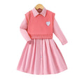 girls' spring pink vest knit top with heart embroidery - preppy two-piece set