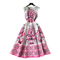 Vintage court style printed dress - women's french chic, slimming, elegant, sleeveless, flowy maxi gown