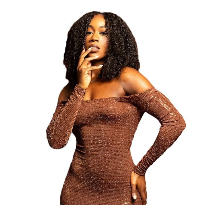Amazon women's  european and american style spring new arrival bodycon sexy cropped one-shoulder long sleeve mermaid dress
