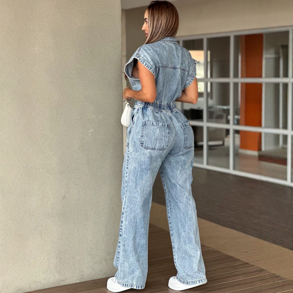 European and american style women's denim jumpsuit -  cross-border fashion - casual loose fit short sleeve washed wide leg romper