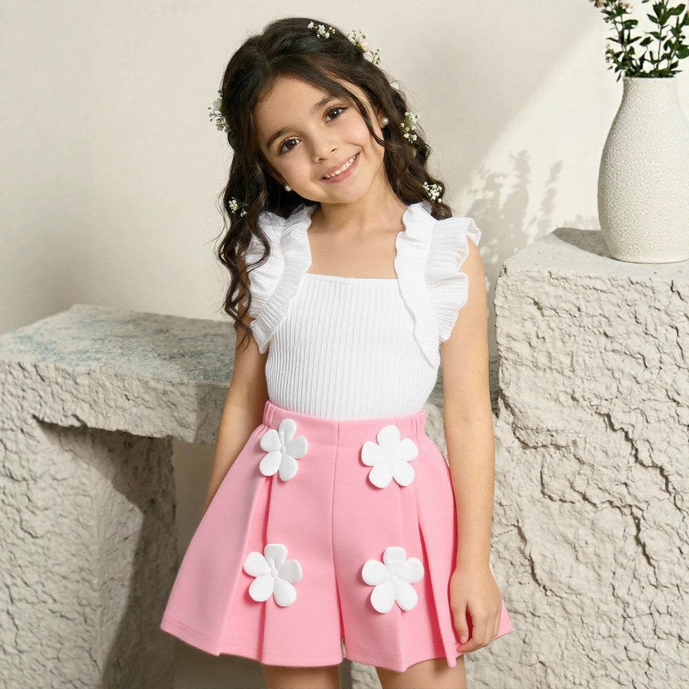 Girls' two-piece set: ruffle-trimmed top + shorts with 3d floral appliqué