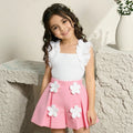 Girls' two-piece set: ruffle-trimmed top + shorts with 3d floral appliqué