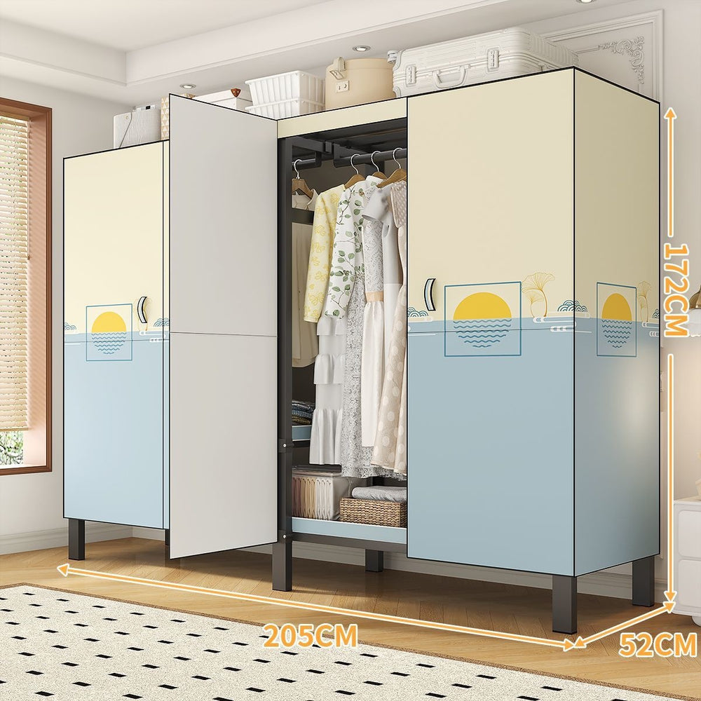 Easy-to-assemble, foldable wardrobe for bedrooms, ideal for home use or rental properties. dustproof, moisture-proof, with reinforced construction, fully sealed, and mildew-resistant. features a convenient swing-out door