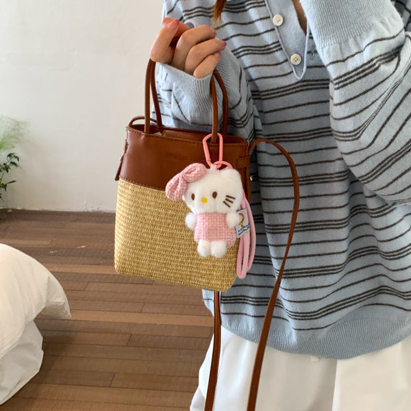 Summer straw beach bag 2025 new splicing handbag niche design retro contrasting color bucket bag messenger bag