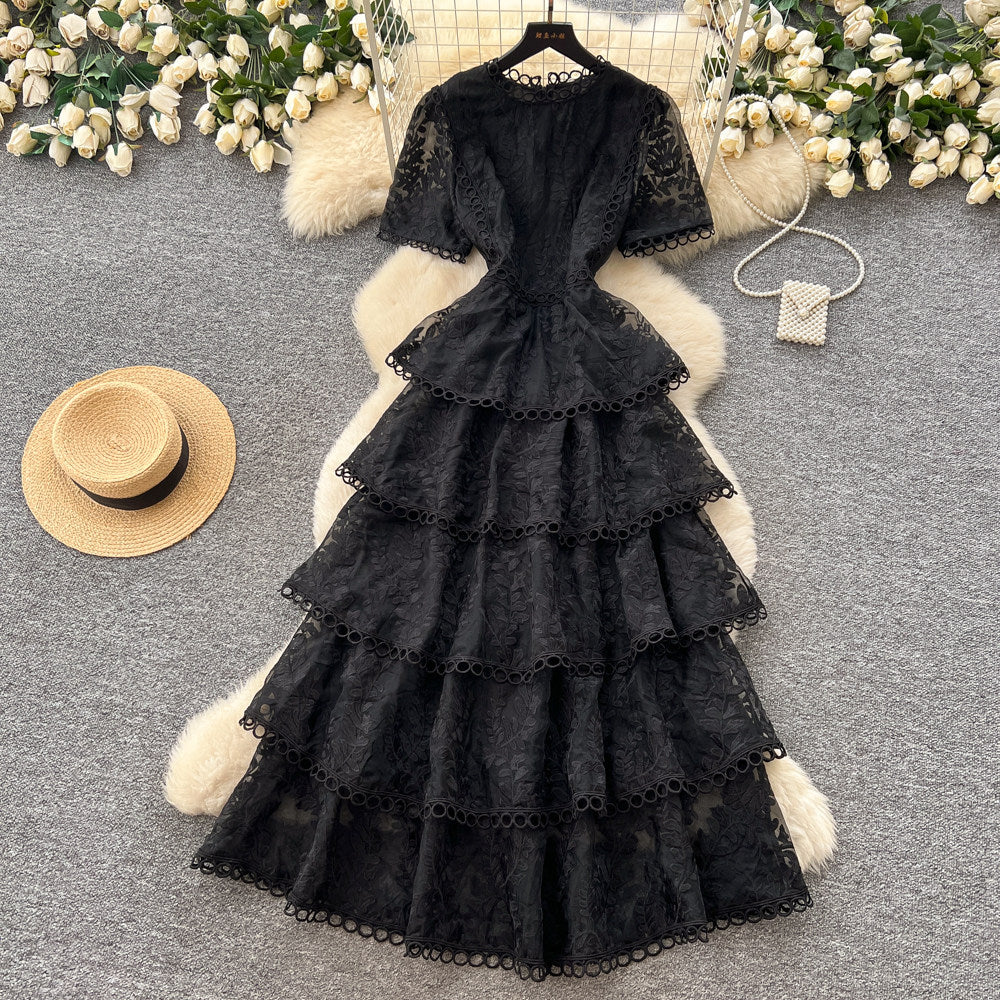 French sweet style pink lace dress women's summer korean high waist cake dress socialite elegant long dress