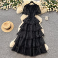 French sweet style pink lace dress women's summer korean high waist cake dress socialite elegant long dress