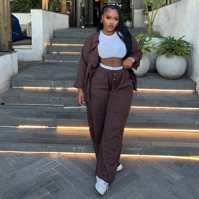 European and American large size casual high waist striped long-sleeved cardigan shirt trousers African foreign style women's loose two-piece set women