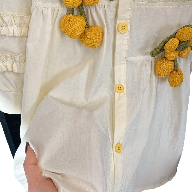 Girls' spring/autumn new collection: mid-length shirt dress - spring outfit with puff sleeves, 3d sunflower appliqué, princess style, trendy kids' fashion